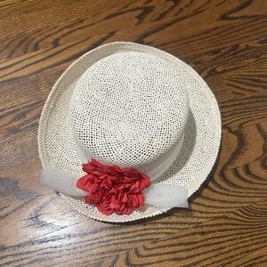 Cream Hat with Red Flower Accent